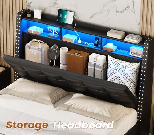 Queen Bed Frame with Storage Headboard and 4 Drawers, Gray D66238