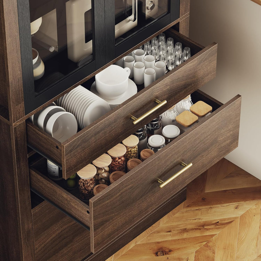 75.6" Tall 4 Door Adjustable Shelves Kitchen Pantry Cabinet Walnut A569