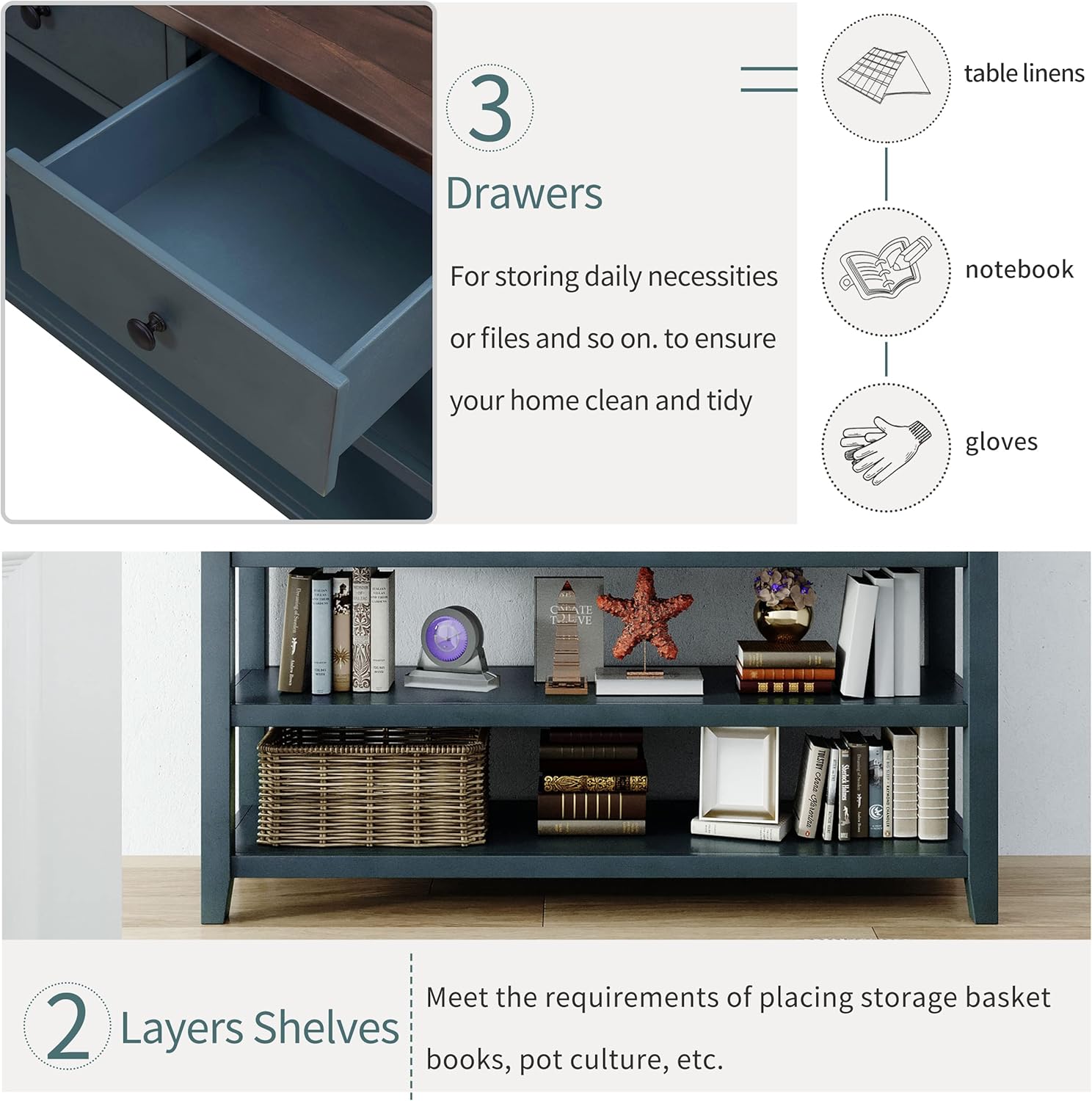 Navy Console Table with 2 Open Shelves and 3 Storage Drawers, Pine Solid Wood Frame M276109
