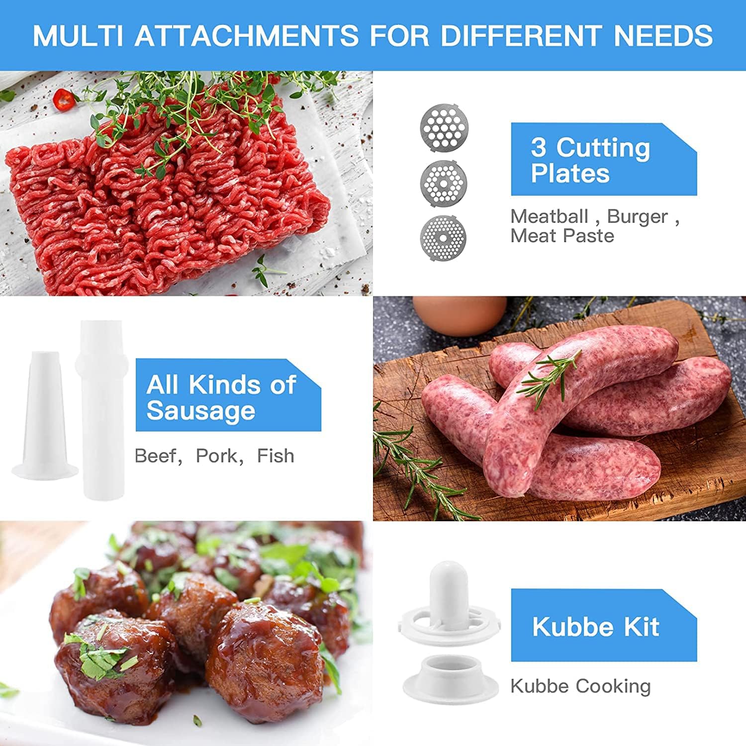Stainless Steel Electric Meat Grinder with 3 Grinding Plates and Sausage Stuffing Tubes E981