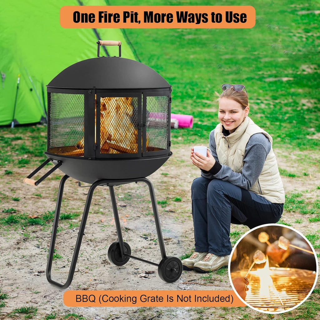 28 Inch Wood Burning Portable Fire Pit with Wheels Black X6489