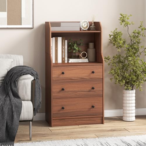 3 Drawers Dresser with Shelves, Tall Nightstand with 2 Open Shelves, Chest of Drawers (Walnut) P760