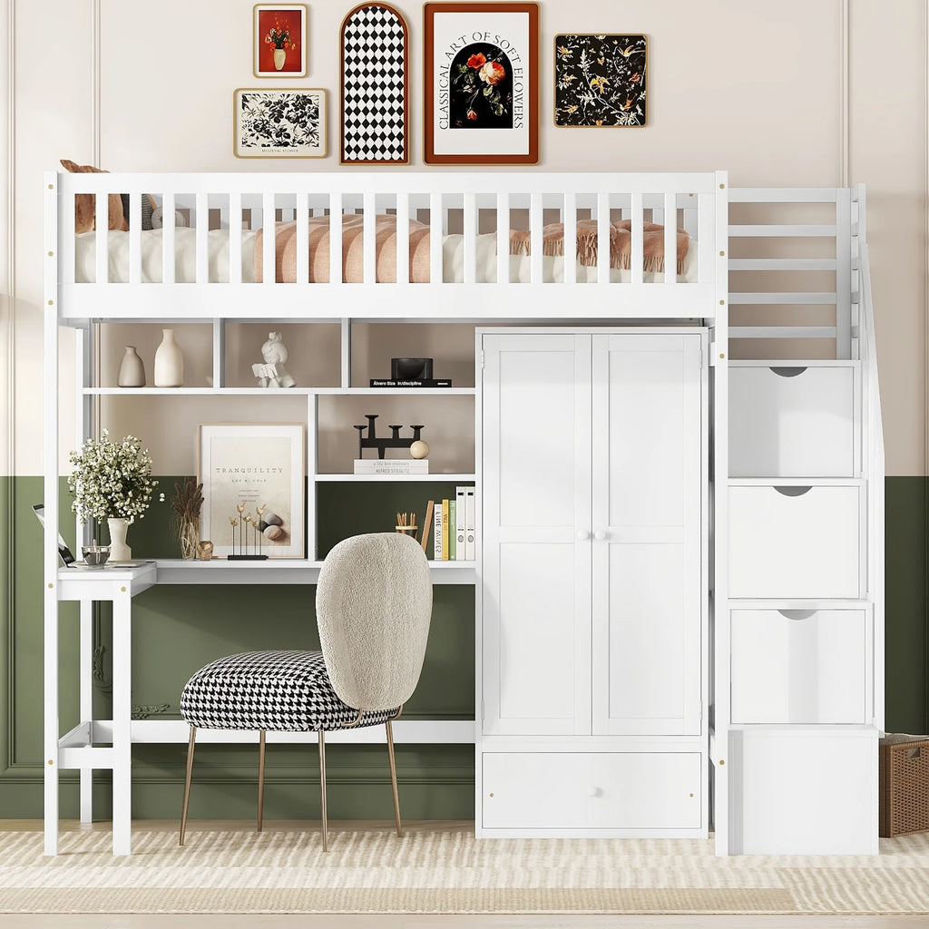 Twin Size Wood Loft Bed with Stairs and Wardrobe N56145