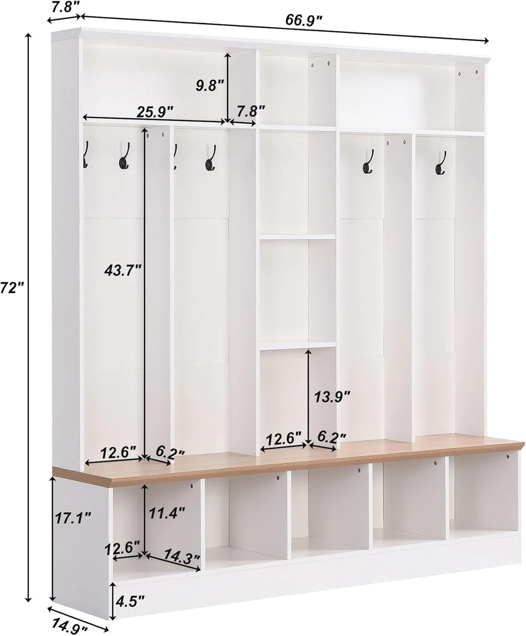 White Coat Rack with 8 Hooks and Storage Bench W4924
