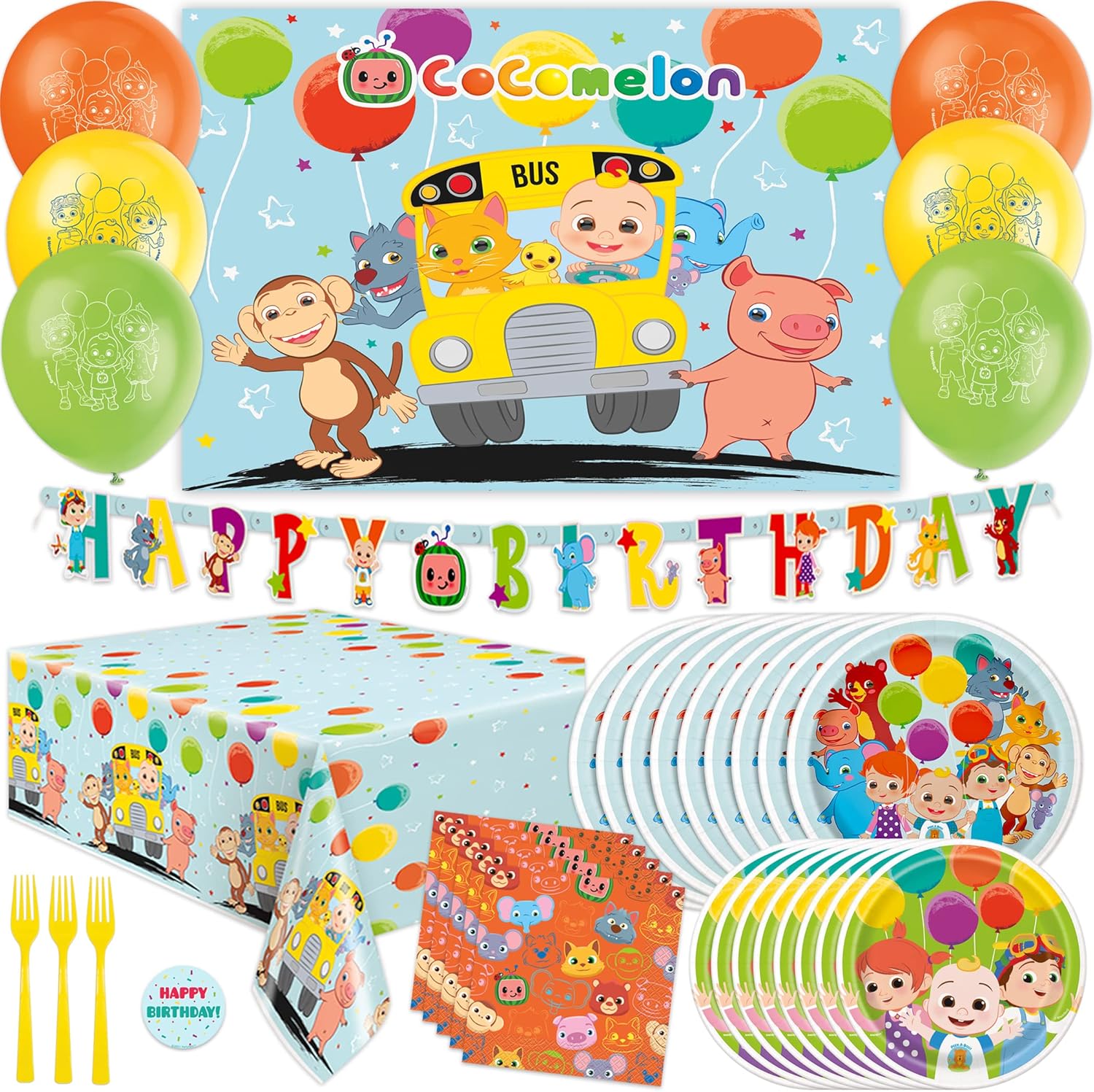 CoComelon Party Supplies Backdrop Balloons Tablecloth Plates Napkins Forks Sticker F5906