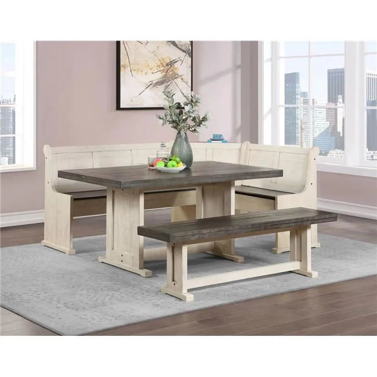 Off White Grey Wood Dining Table Set with Corner Storage Bench B6250