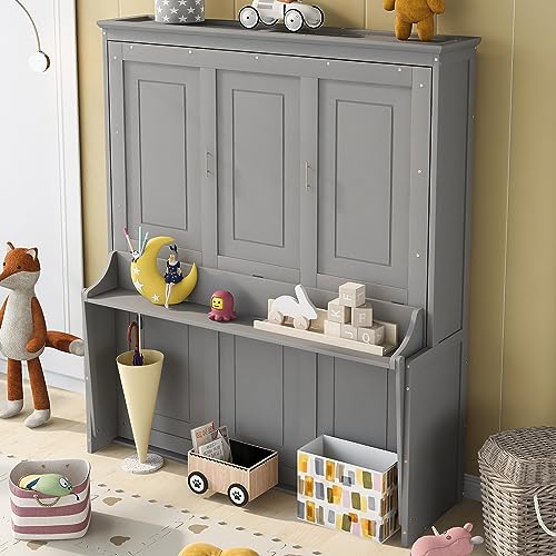 Grey Queen Murphy Bed with Shelf Y747