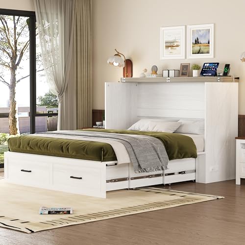 White Queen Size Murphy Bed with Storage Drawer T599603