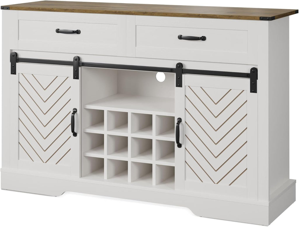 White & Oak Sideboard Cabinet with Sliding Barn Door, 3 Drawers L380