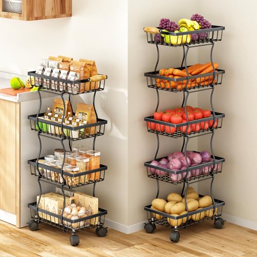 Black 5 Tier Stackable Wire Fruit Basket with Wheels R165