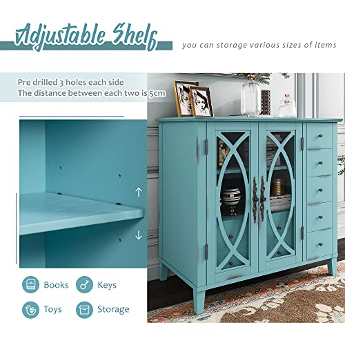 Antique Light Green Wooden Sideboard with 5 Small Drawers and 2 Large Drawers T778608