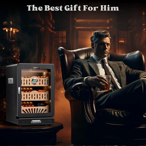 Glass top Cigar Humidor Cabinet with Spanish Cedar Tray, Digital Hygrometer（Black） K7278