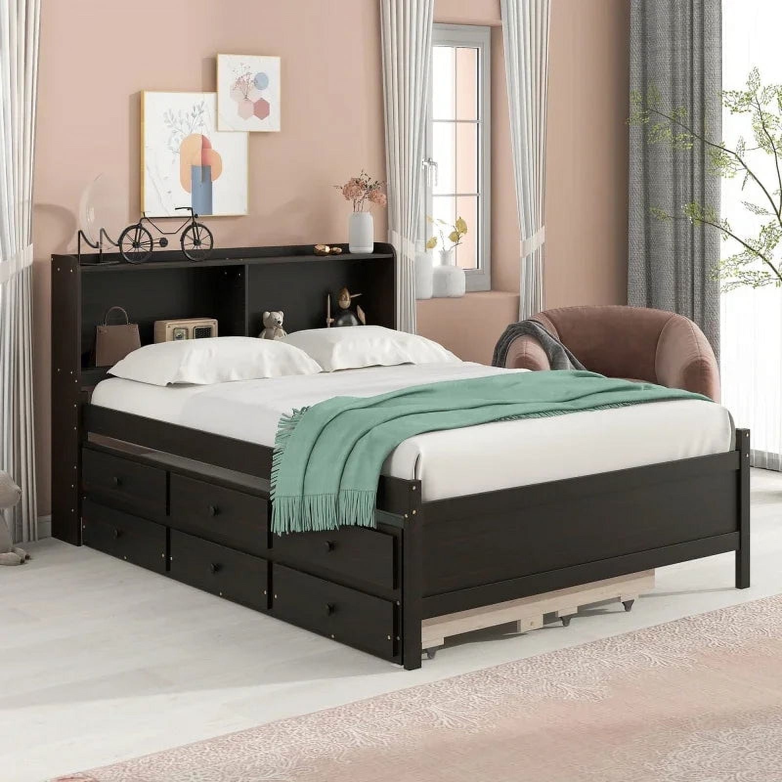Twin Trundle Bed with Bookcase and Drawers Espresso U511