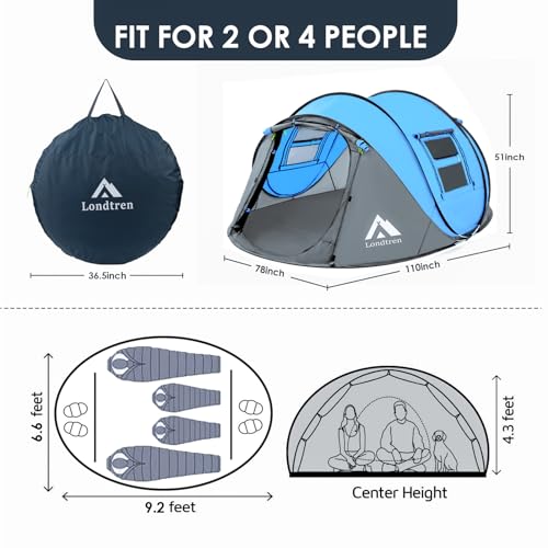 4 Person Pop Up Tent Waterproof Automatic Setup 2 Doors Instant Family Tent L382