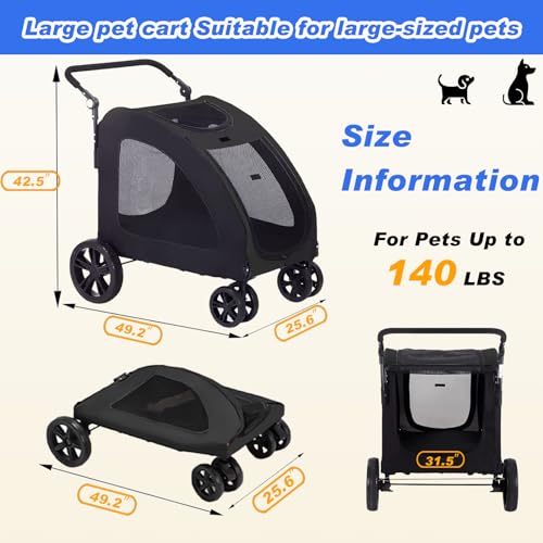 Large Dog Stroller, Removable Cushion Adjustable Handle Foldable 4 Wheel Pet Stroller (Black) S733017