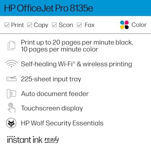 OfficeJet Pro 8135e Wireless All-in-One Color Inkjet Printer, Print, Scan, Copy, Fax, ADF, Duplex Printing F711958
