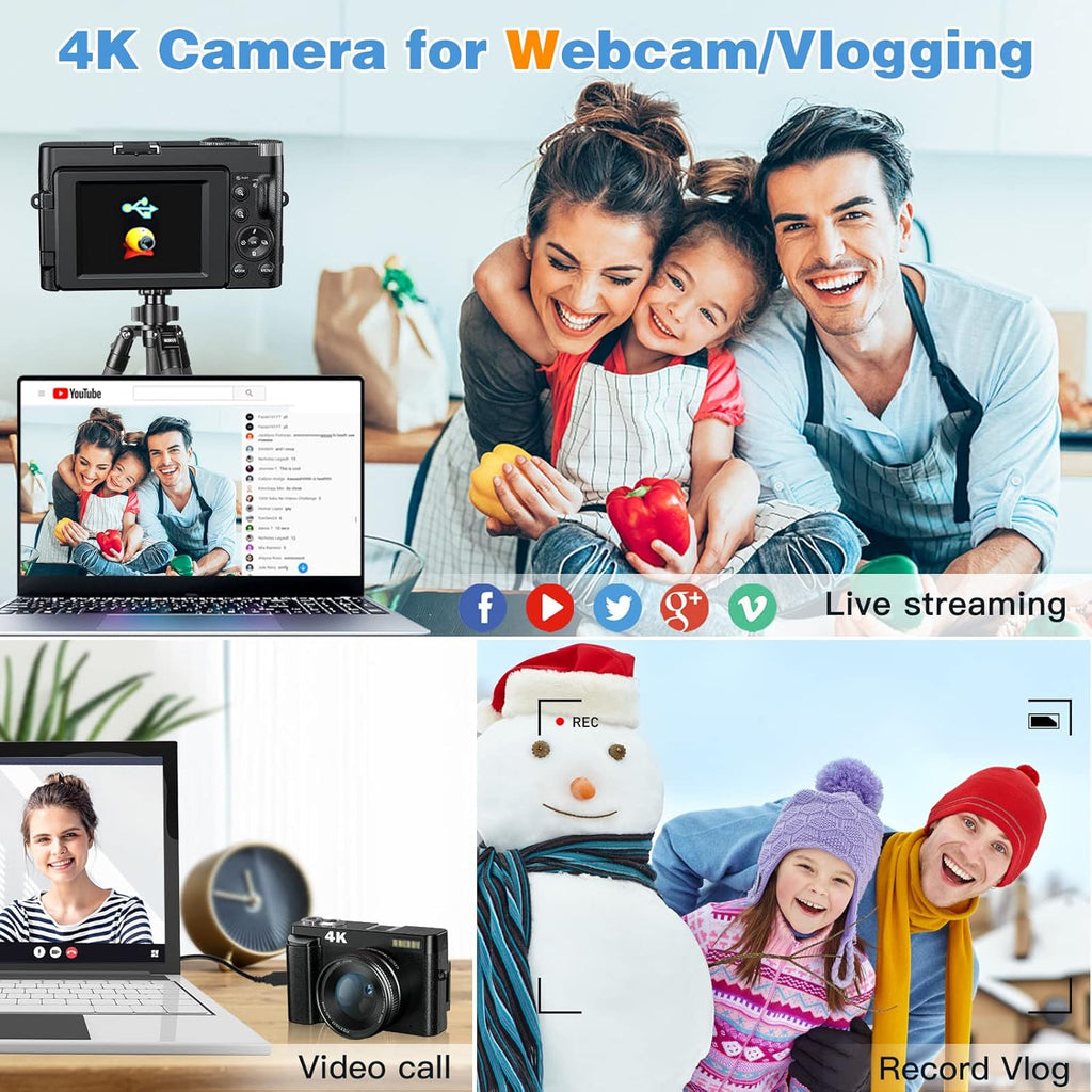 48MP 4K Digital Camera with 16X Digital Zoom, 3'' Flip Screen, Flash, SD Card, 2 Batteries V71025