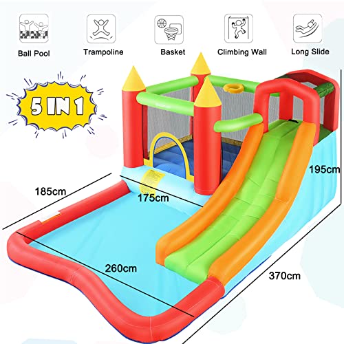 Inflatable Bouncy House with Ball Pit, Wide Slide, Ball Pool, Basketball Hoop, Dart Target, Blower J3405