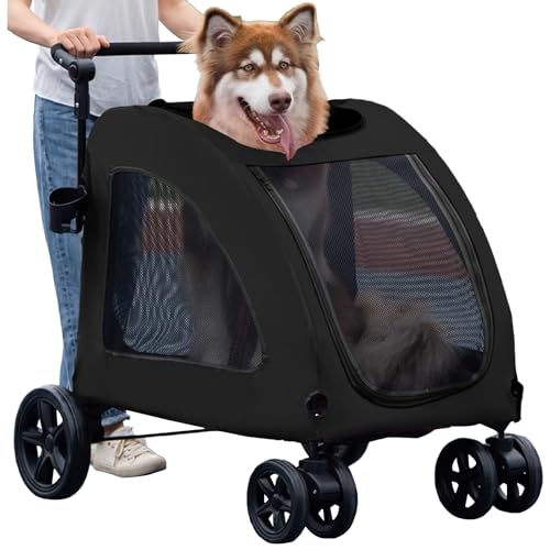 Large Dog Stroller, Removable Cushion Adjustable Handle Foldable 4 Wheel Pet Stroller (Black) S733017
