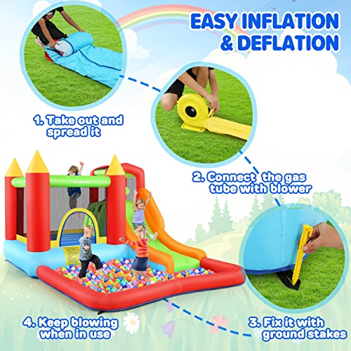 Inflatable Bouncy House with Ball Pit, Wide Slide, Ball Pool, Basketball Hoop, Dart Target, Blower J3405