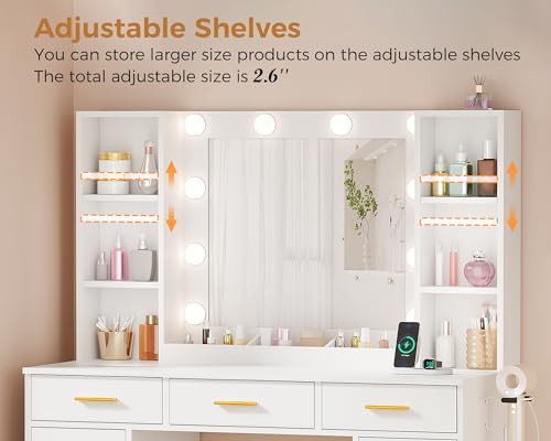 White Vanity Desk with Mirror and Lights 11 Drawers 9 Shelves Vanity Table with Stool U662