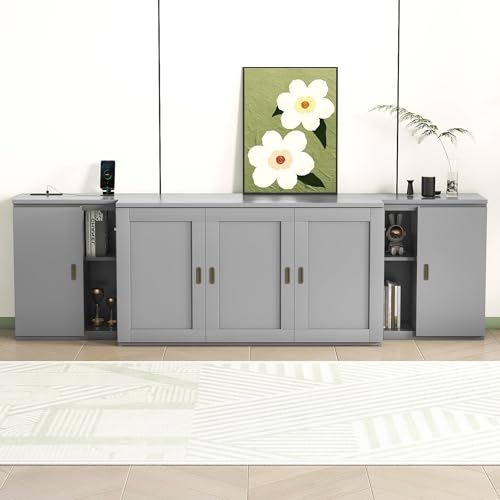 Gray Solid Wood Murphy Cabinet Wall Bed With Storage and Bookcase Headboard E385