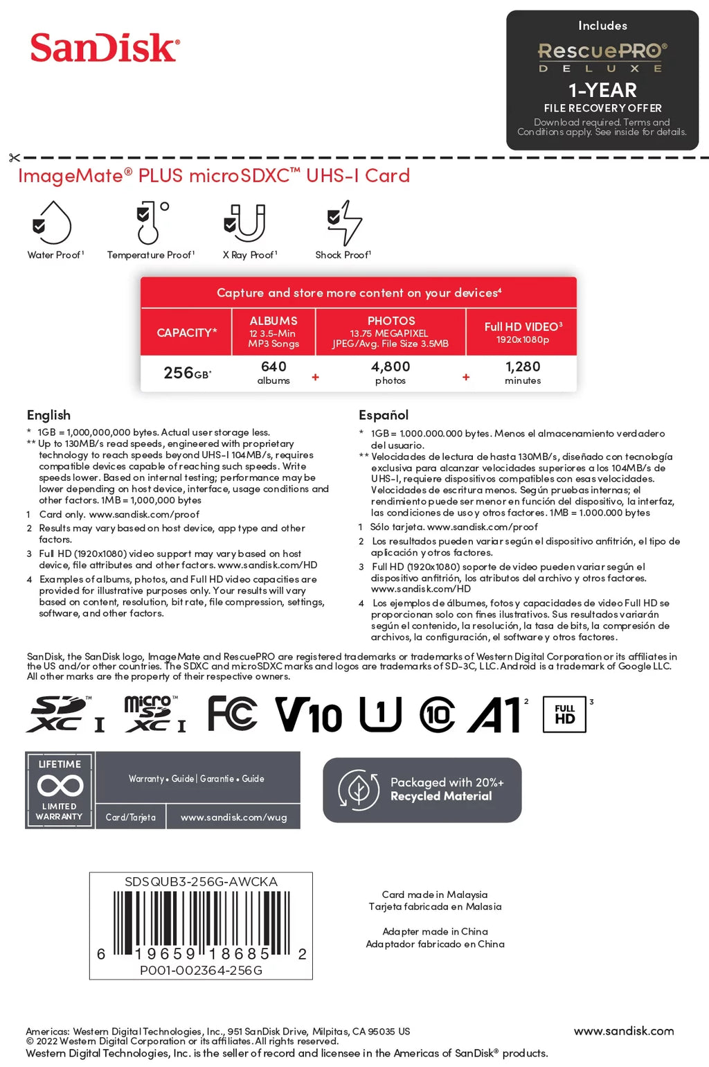 256GB microSDXC UHS 1 Memory Card U265281