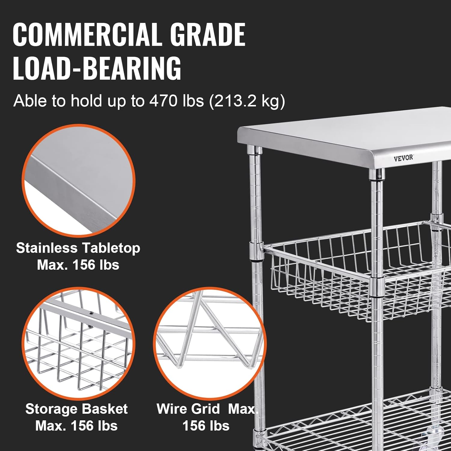 3 Tiers Wire Rolling Cart with Brake Wheels P4835