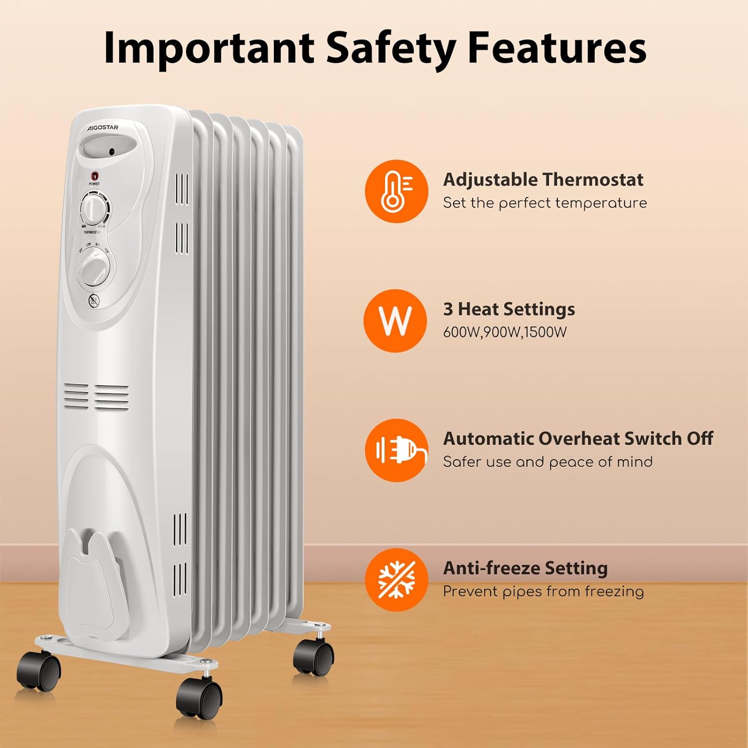 1500W Oil Filled Radiator Heater with 3 Heat Settings Y3430