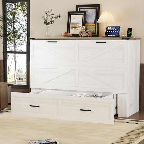 White Queen Size Murphy Bed with Storage Drawer T599603
