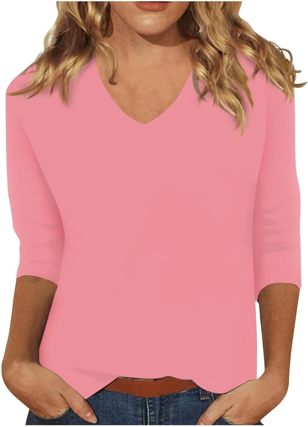 3/4 Sleeve V Neck Solid Loose Fit Blouses P650