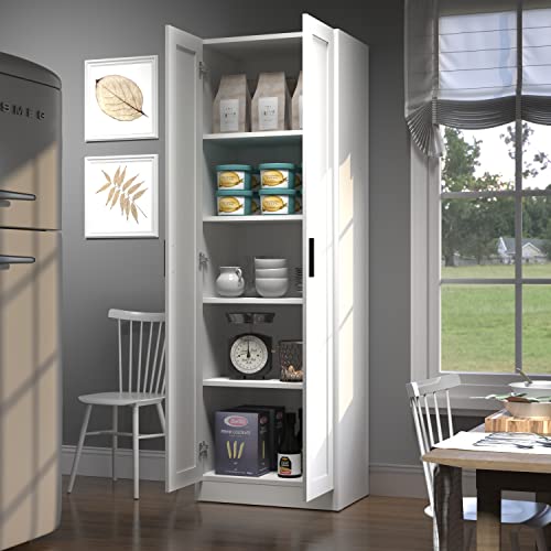 White Wooden Tall Storage Cabinet with 2 Doors and Shelves N5478