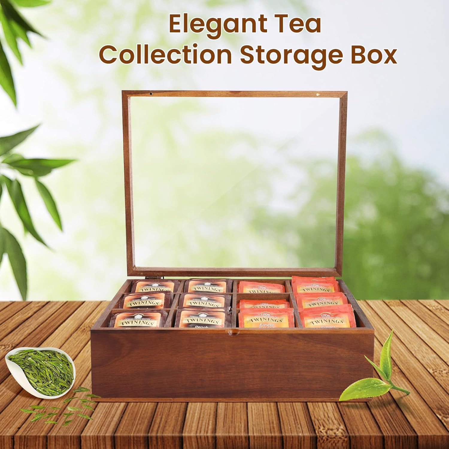 Acacia Wooden Tea Bag Organizer with 12 Compartments and Clear Acrylic Top Window I1543