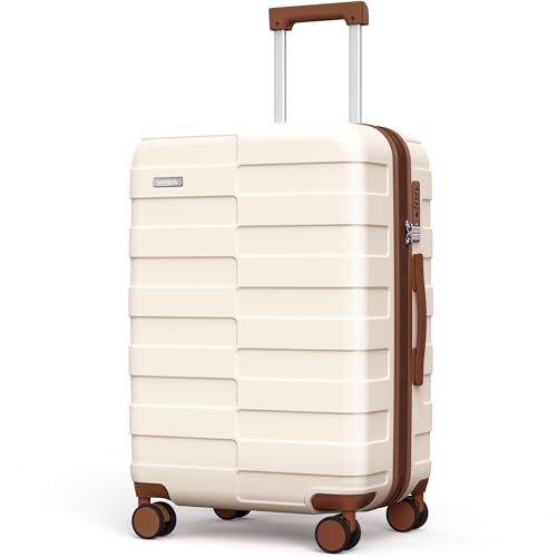 White Brown 3 Piece Hardside Expandable PC Luggage Set with TSA Lock Spinner Wheels E263390