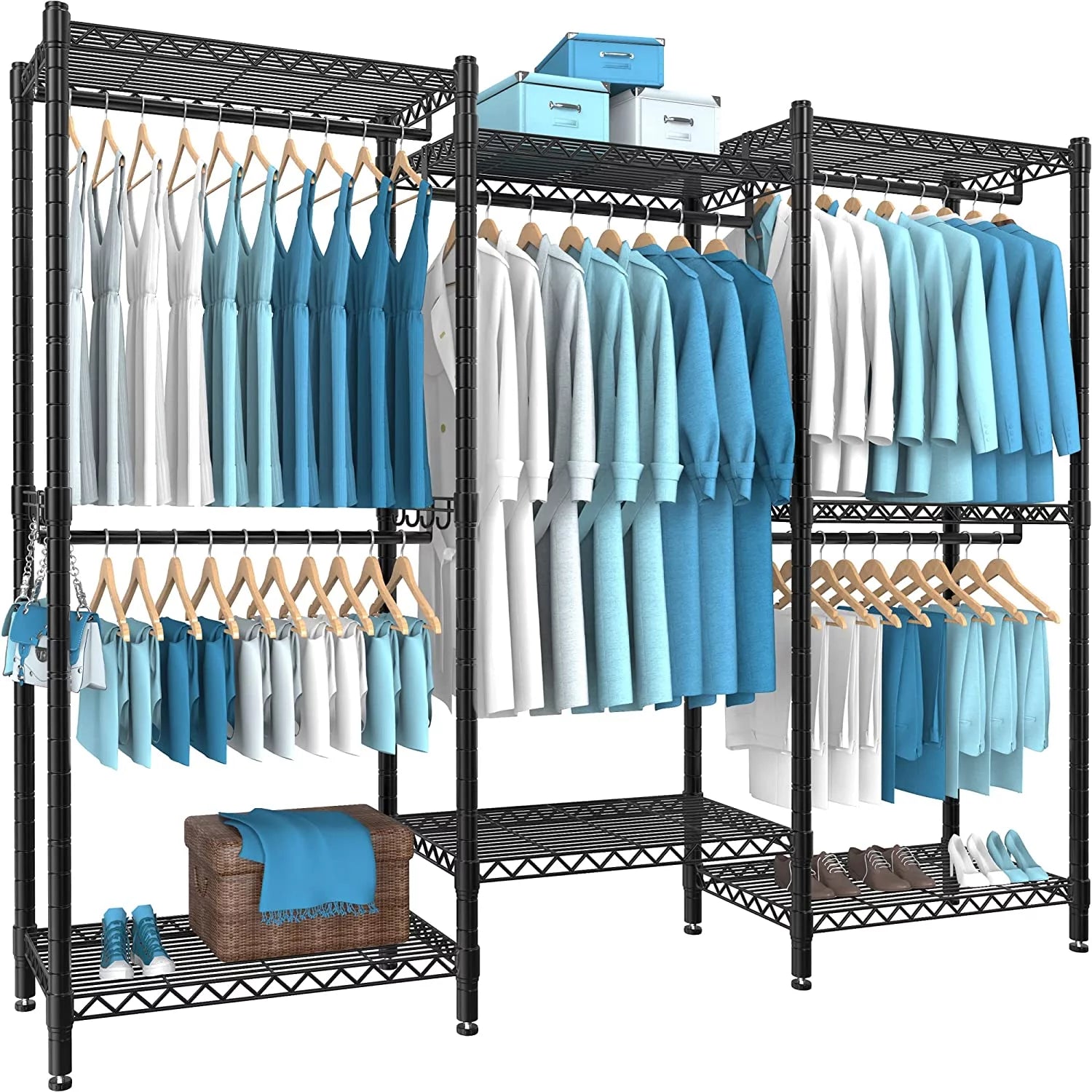 7 Tiers Black Metal Garment Rack with 5 Hanging Rods C7161