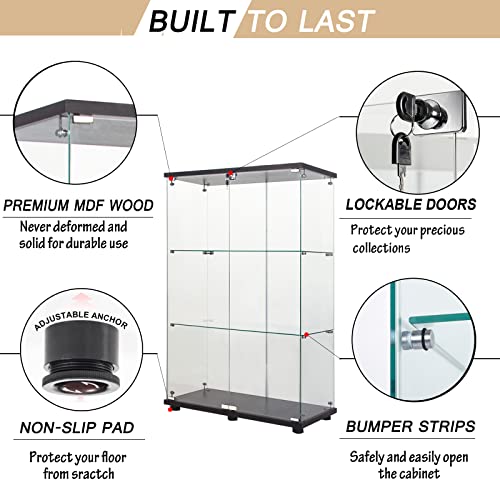 Black 4 Shelves 3 Door Glass Display Cabinet V6002