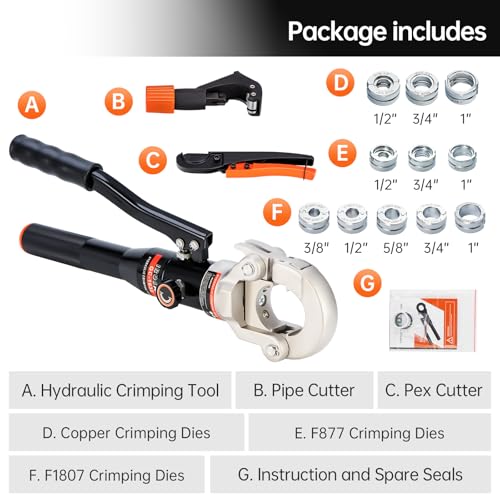 Copper Tube Fittings Hydraulic Pipe Crimping Tool with 1/2", 3/4" and 1" Jaw Pipe Press Crimper Pressing Pliers with Pipe Cutter K23356