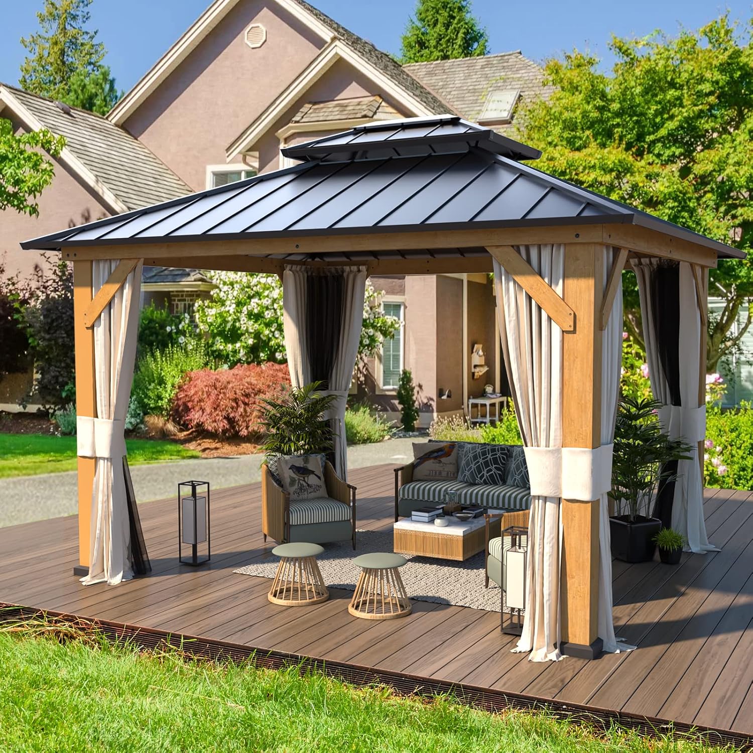 Solid Wood Gazebo with Metal Roof and Netting A120917