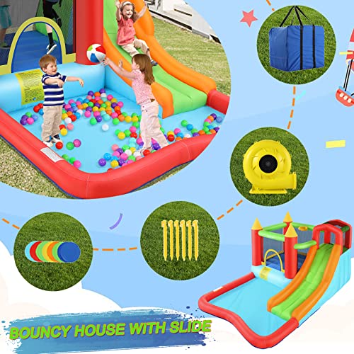 Inflatable Bouncy House with Ball Pit, Wide Slide, Ball Pool, Basketball Hoop, Dart Target, Blower J3405