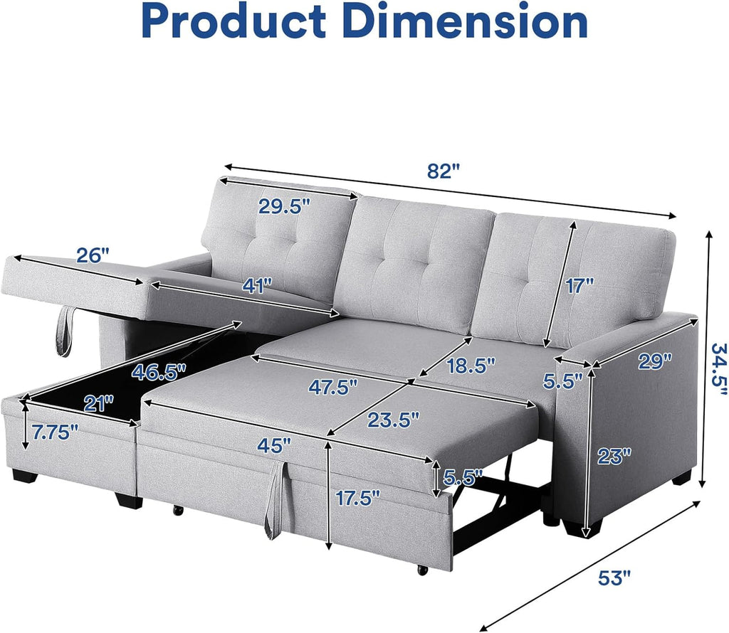 Light Gray L Shaped Couch with Pull Out Bed and Storage Sectional Sleeper Sofa Z5907