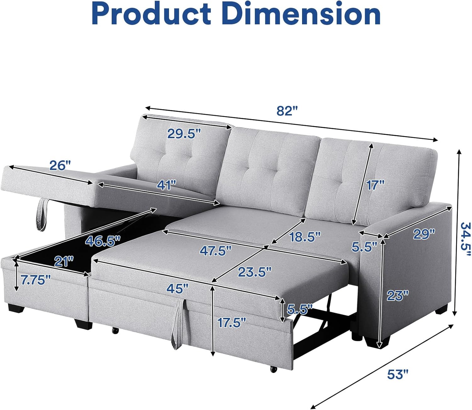 Light Gray L Shaped Couch with Pull Out Bed and Storage Sectional Sleeper Sofa Z5907