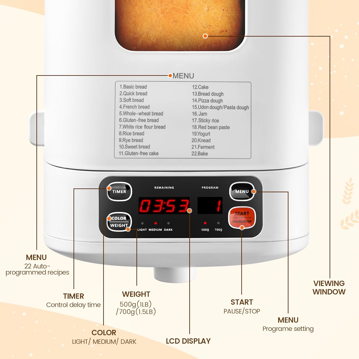 Compact Automatic Bread Maker Machine, 1LB/1.5LB, White K107560