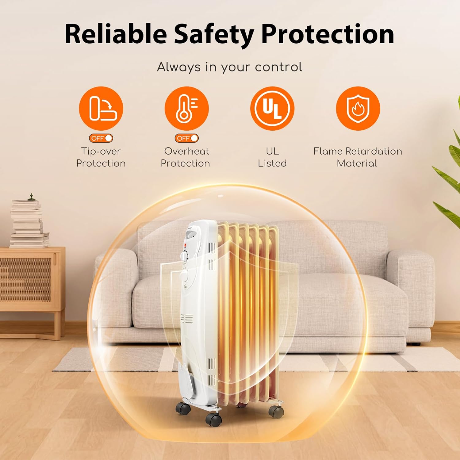 1500W Oil Filled Radiator Heater with 3 Heat Settings Y3430