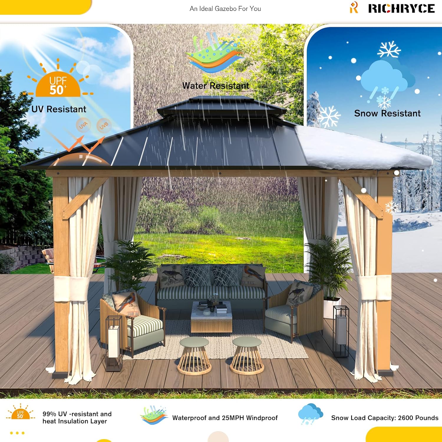 Solid Wood Gazebo with Metal Roof and Netting A120917