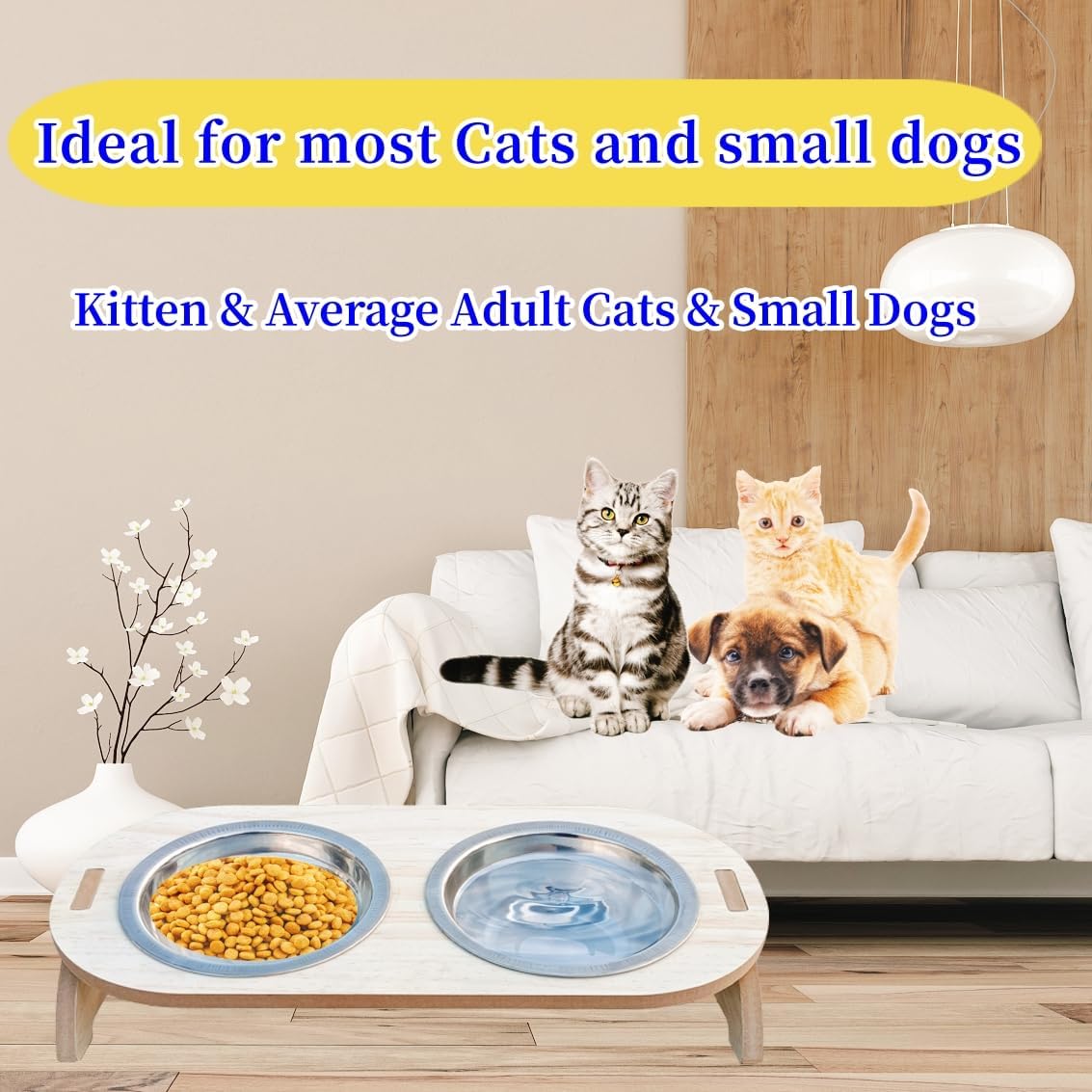 15° Tilted Raised Stainless Steel Cat Bowls with Wood Stand G593