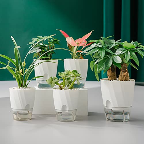 5 Pack Self Watering Planters 6 Inch Plastic Plant Pots, White F4086