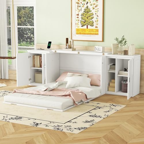 Gray Solid Wood Murphy Cabinet Wall Bed With Storage and Bookcase Headboard E385