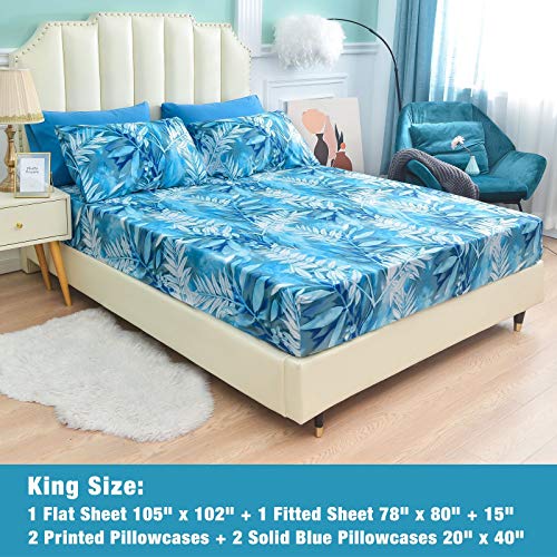 Mint Green Floral Printed Queen Size 6 Piece Microfiber Bed Sheet Set L194