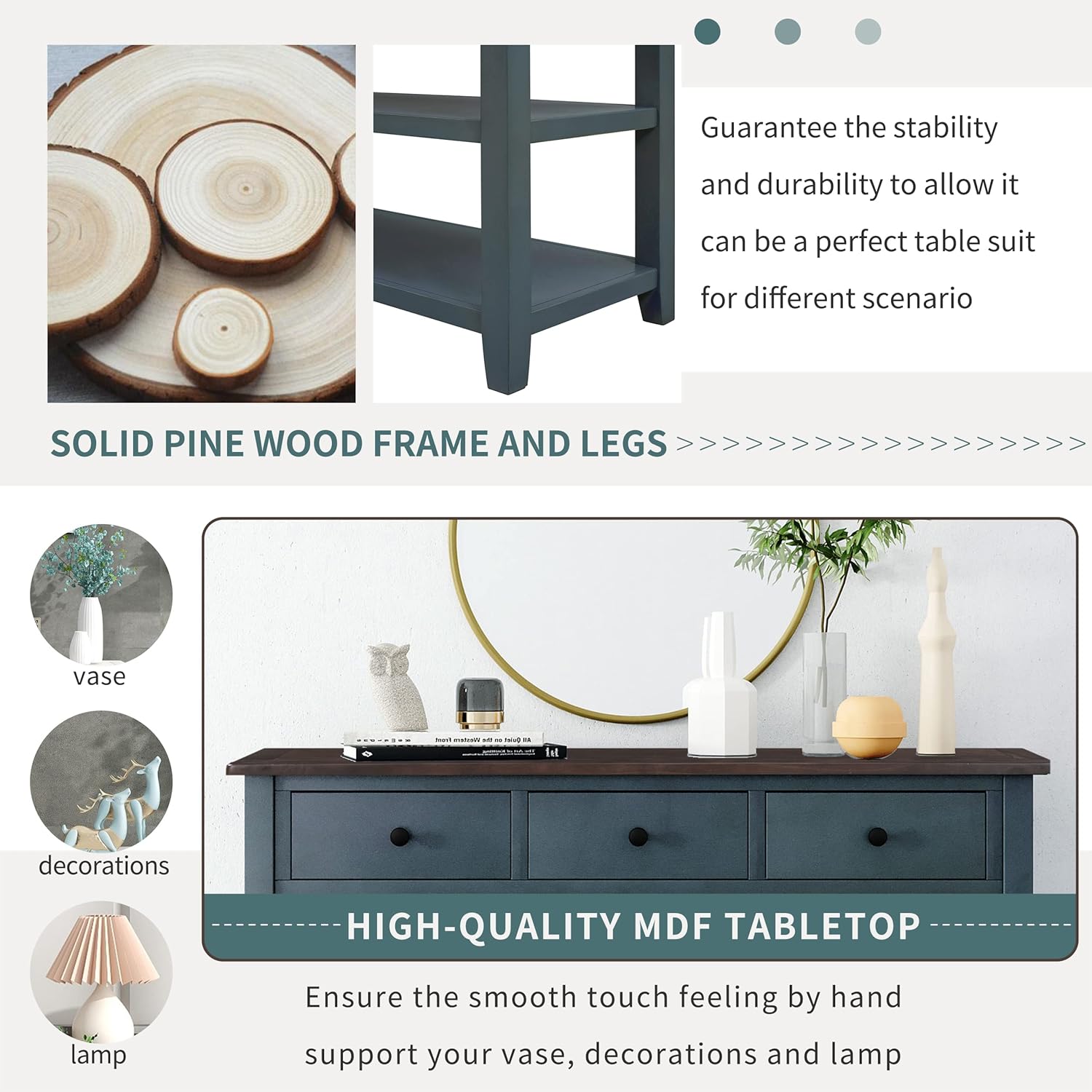 Navy Console Table with 2 Open Shelves and 3 Storage Drawers, Pine Solid Wood Frame M276109