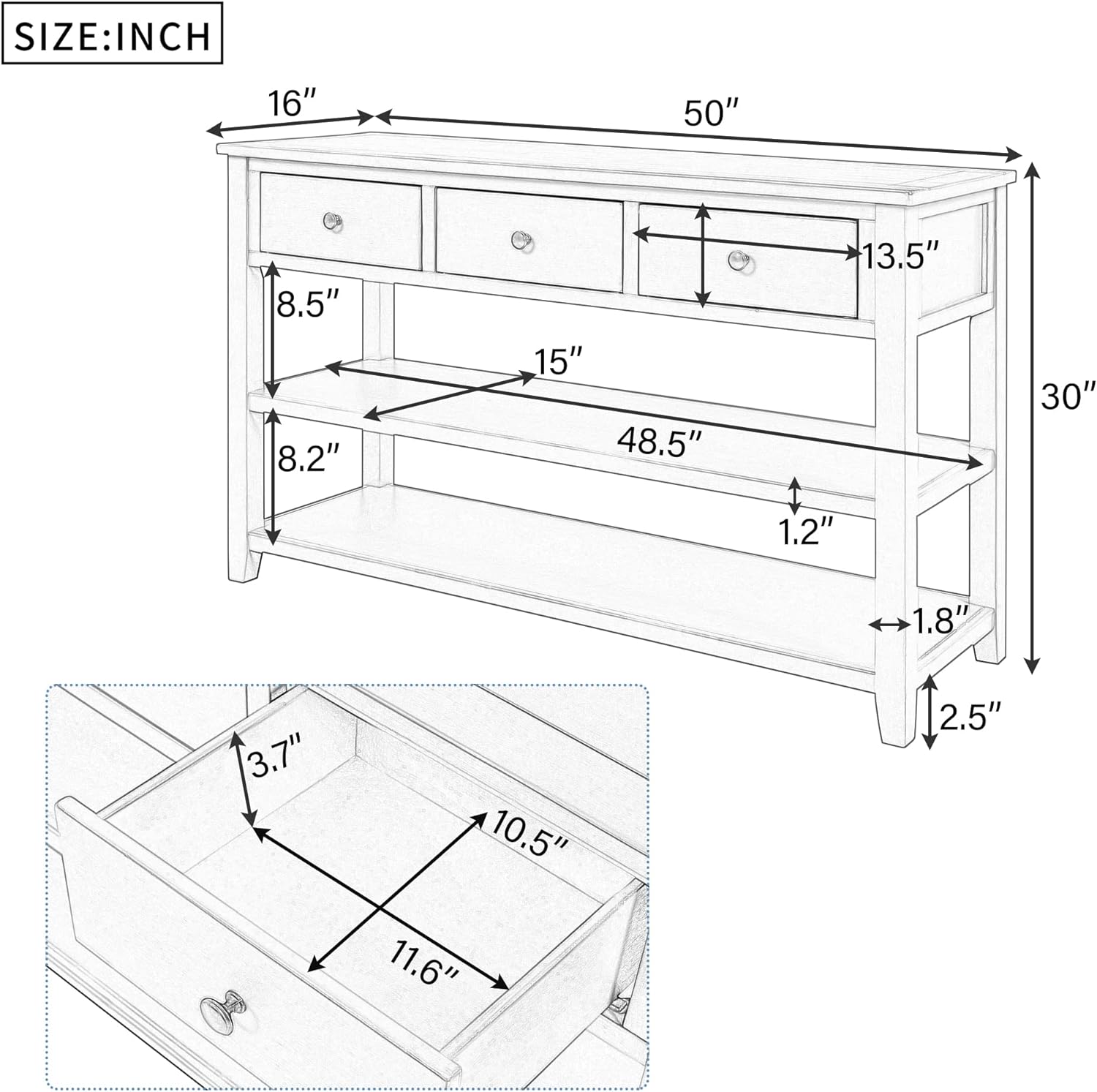 Navy Console Table with 2 Open Shelves and 3 Storage Drawers, Pine Solid Wood Frame M276109